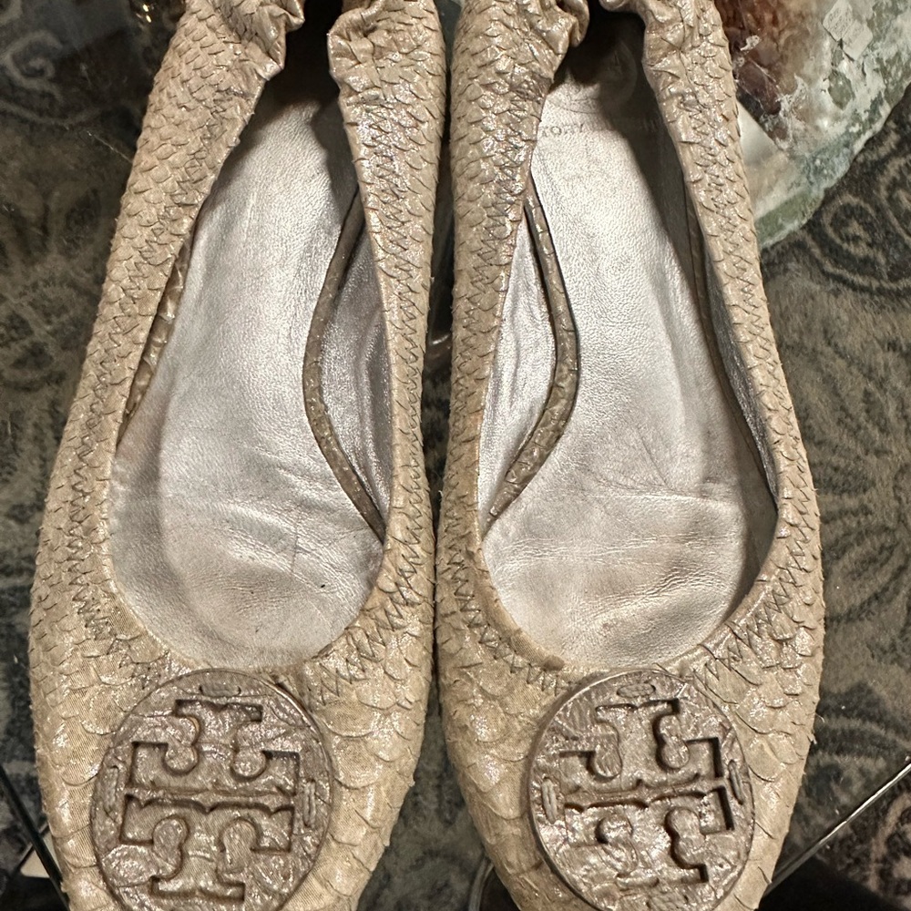 Tory Burch silver gray Flats with Logo Medallion